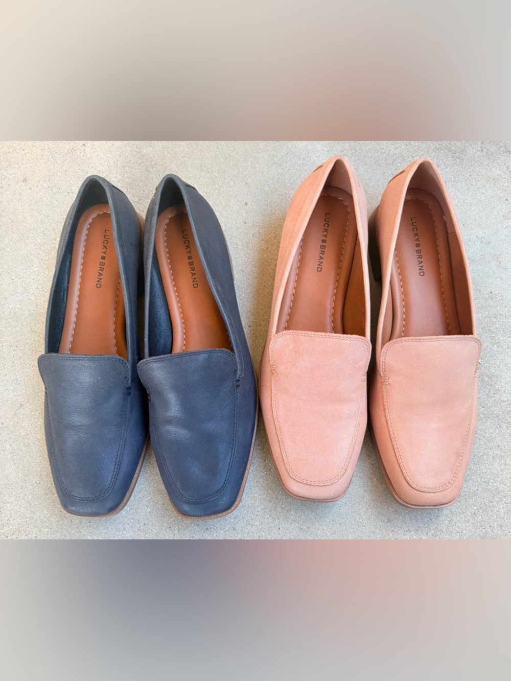 2 Pair Lucky Brand Women 9.5 Laurien Leather Slip On Loafers Flats Black Tan EUC